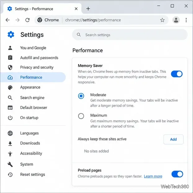 В настройках производительности Chrome отображаются элементы управления экономией памяти.