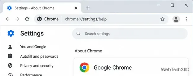 Настройки Chrome открываются на странице «О Chrome», которая используется для проверки обновлений.