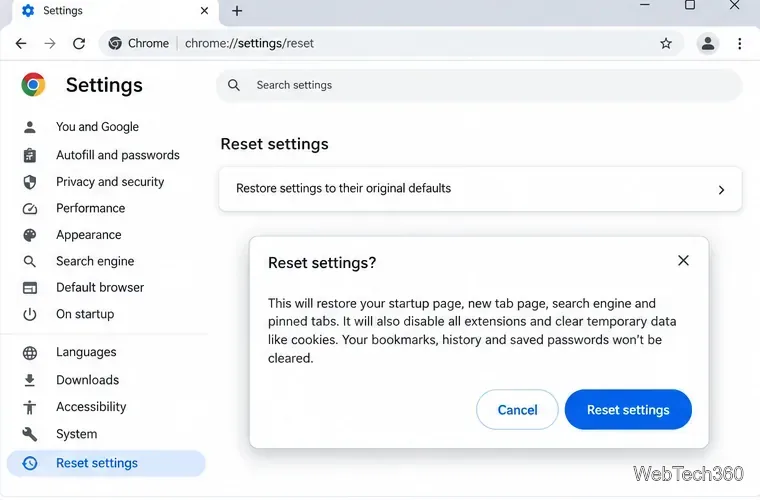 Страница сброса настроек Chrome с диалоговым окном подтверждения сброса настроек.