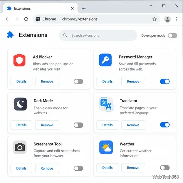 Менеджер расширений Chrome с несколькими расширениями и переключателями включения/выключения.