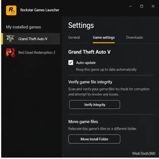Rockstar Games Launcher-Einstellungen mit Anzeige der Dateiverifizierungssteuerung für Grand Theft Auto V