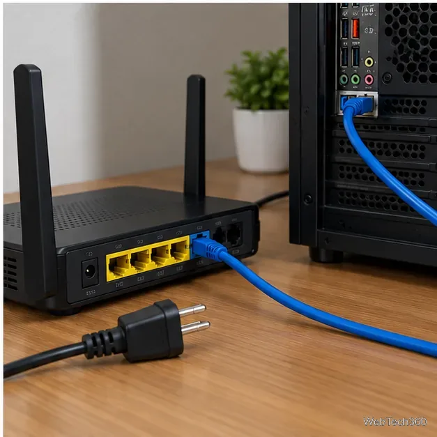 Der Router ist per Ethernet mit einem Gaming-PC verbunden, wobei der Netzstecker für einen Netzwerkneustart getrennt wurde.