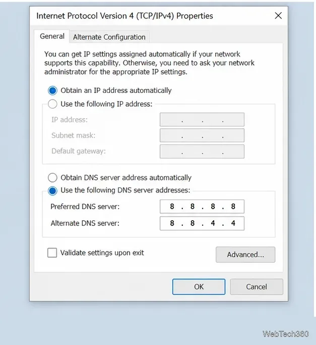 Windows IPv4-Eigenschaften mit bevorzugtem DNS 8.8.8.8 und alternativem DNS 8.8.4.4 eingegeben