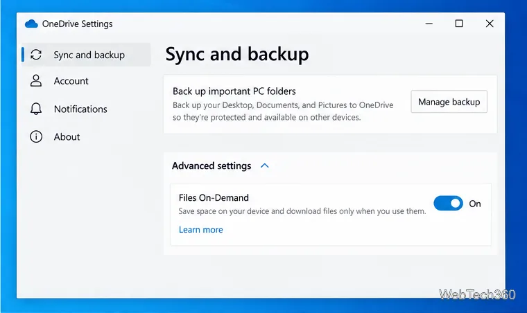 Pagina de sincronizare și backup a setărilor OneDrive cu setările avansate extinse și Fișiere la cerere activată