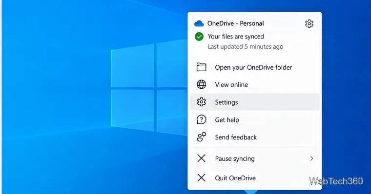 Panoul de notificări OneDrive care afișează starea sincronizării și meniul Ajutor și setări
