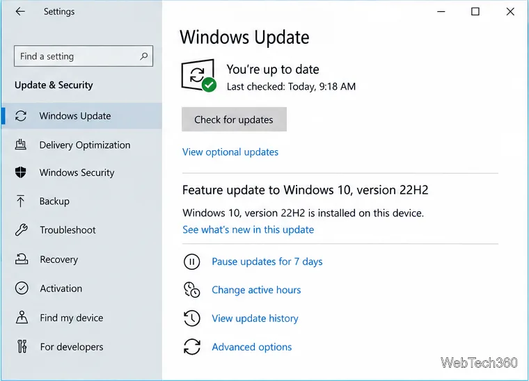 Setările de actualizare și securitate Windows 10 arată că este instalată versiunea 22H2