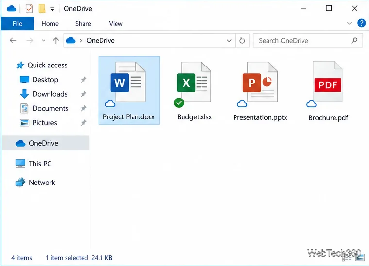 Explorer deschis în OneDrive cu pictograme de stare a fișierelor disponibile doar în cloud și local