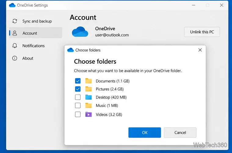 Fila Cont Setări OneDrive cu caseta de dialog Alegeți foldere și casetele de selectare pentru foldere