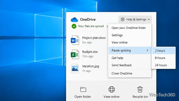 Meniul Ajutor și Setări OneDrive cu opțiuni de pauză a sincronizării timp de două, opt sau douăzeci și patru de ore