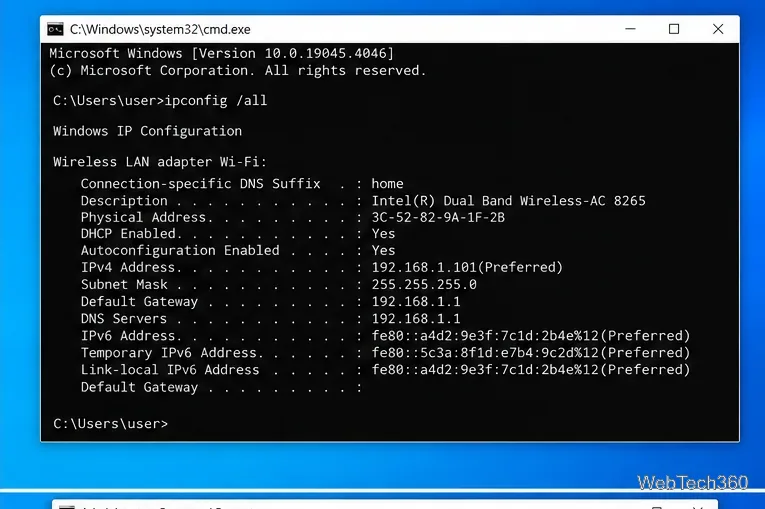 В командной строке Windows 10 при выполнении команды ipconfig all отображаются поля IPv4 и IPv6.
