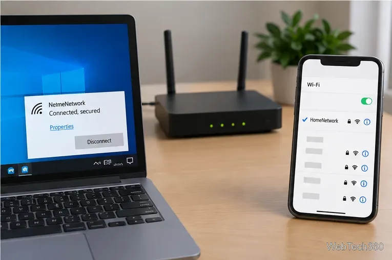 Домашний роутер рядом с ноутбуком и смартфоном под управлением Windows, подключенными к одной и той же сети Wi-Fi.