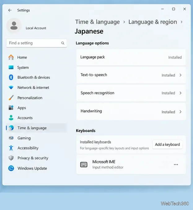 В настройках японского языка Windows 11 в списке установленных клавиатур отображается Microsoft IME.