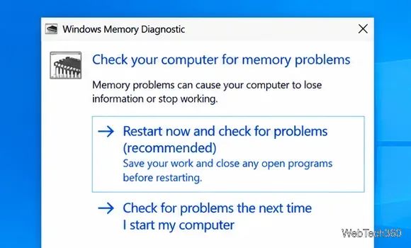 La herramienta de diagnóstico de memoria de Windows ofrece reiniciar el sistema y comprobar si hay problemas de memoria.
