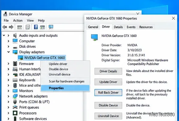 El Administrador de dispositivos de Windows 10 muestra los controles de reversión del controlador del adaptador gráfico.