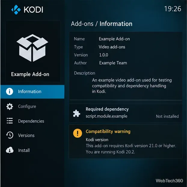 Kodi插件資訊面板顯示了一個未安裝的必需相依性範例以及版本相容性警告