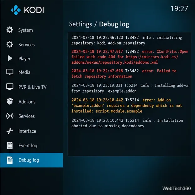 Kodi調試日誌範例,突出顯示了儲存庫獲取失敗和缺少插件依賴項的問題。