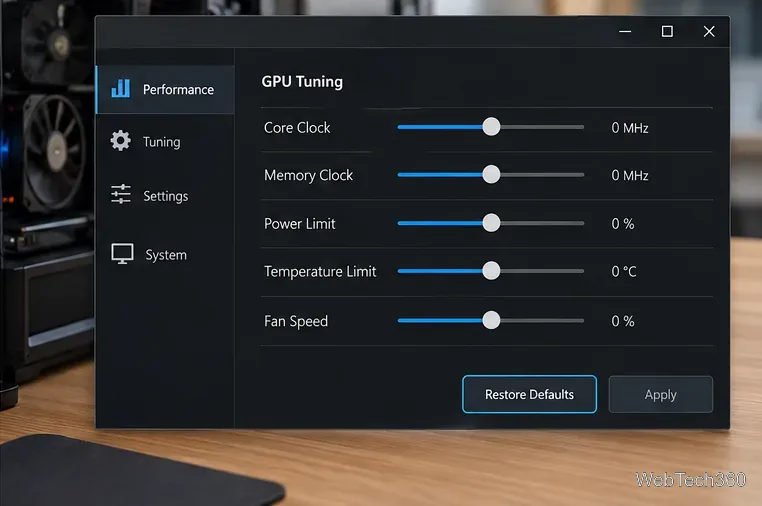 A graphics-card tuning utility with its performance controls at default values and a Restore Defaults button