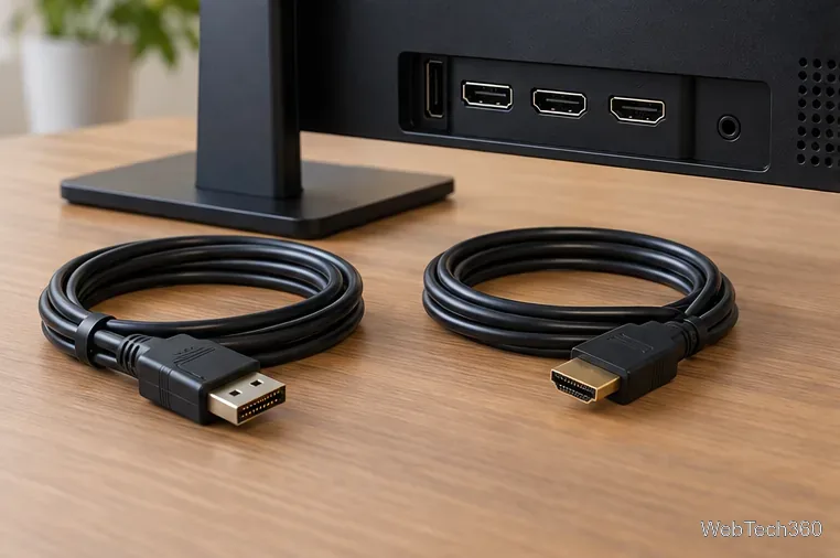 A person firmly reconnects an HDMI cable at the back of a powered-off monitor
