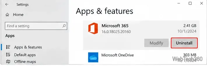 На странице «Приложения и функции» Windows 10 отображается Microsoft 365 с кнопкой «Удалить».