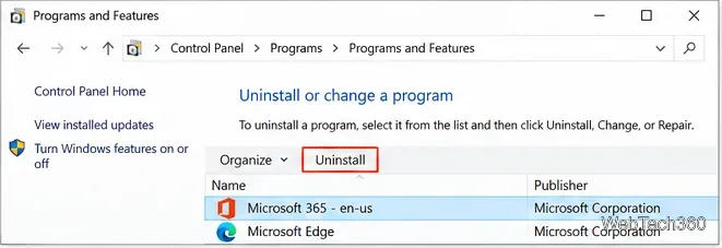 В разделе «Программы и компоненты» Windows 10 отображается Microsoft 365, выбранный с помощью команды «Удалить».