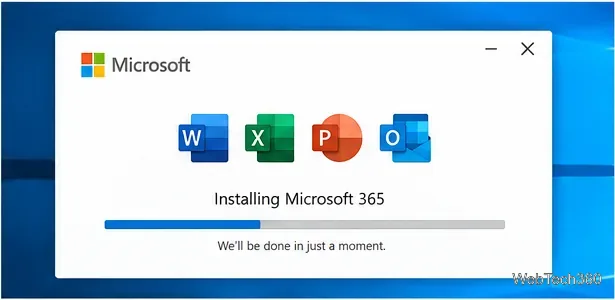 Окно установщика Microsoft 365, отображающее ход установки на рабочем столе Windows 10.