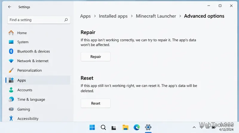 Windows 11 進階選項頁面,其中包含 Minecraft 啟動器的修復和重置控制項。