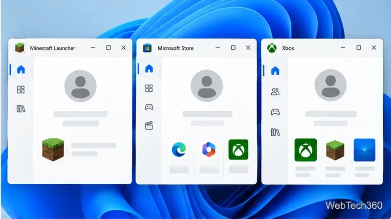 Minecraft 啟動器、Microsoft Store 和 Xbox 應用程式視窗均顯示相同的通用帳戶頭像。