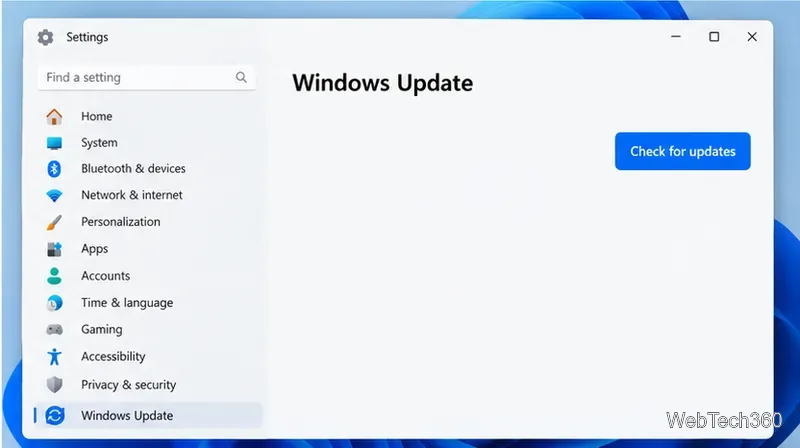 Windows 更新設定頁面,其中包含「檢查更新」按鈕。