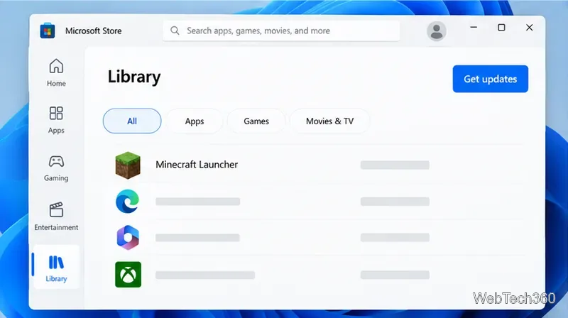微軟商店庫中列出了 Minecraft 啟動器,並且可以看到「取得更新」按鈕。