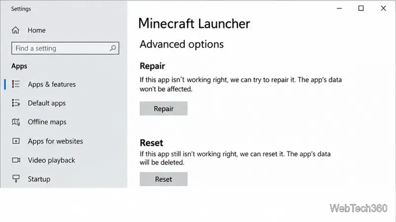 Windows 10 應用程式和功能頁面中的 Minecraft 啟動器顯示進階選項、修復和重置。