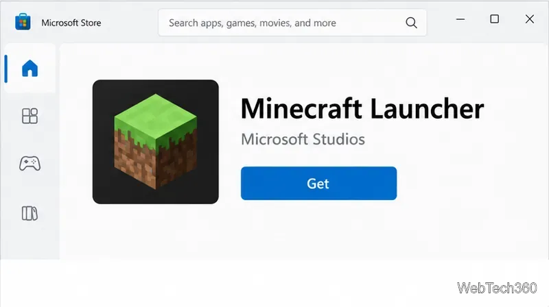 微軟商店中 Minecraft 啟動器的商品頁面,顯示「取得」按鈕。