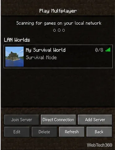 Minecraft Java Edition Multiplayer screen showing a LAN world and the Direct Connection button
