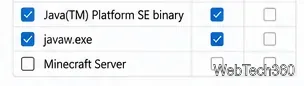 Windows Firewall allowed-apps rows for Java Platform and javaw.exe with private access enabled