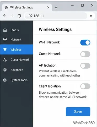 Router wireless settings showing Guest Network, AP Isolation, and Client Isolation switches