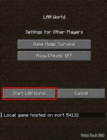Minecraft Java Edition LAN World screen with Start LAN World and the hosted port message