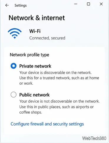 Windows Network and internet settings with Private network selected