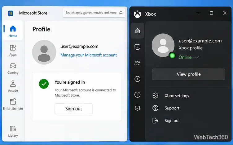 Профили приложений Microsoft Store и Xbox, отображающие вход в учетную запись Microsoft.