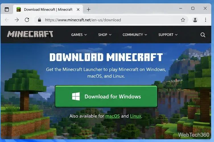 Официальная страница загрузки Minecraft с возможностью загрузки лаунчера для Windows.