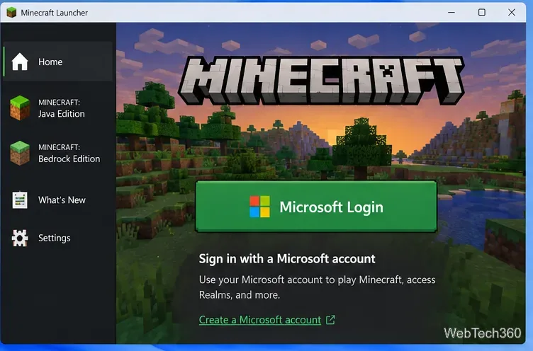 Главный экран лаунчера Minecraft с кнопкой входа через Microsoft.