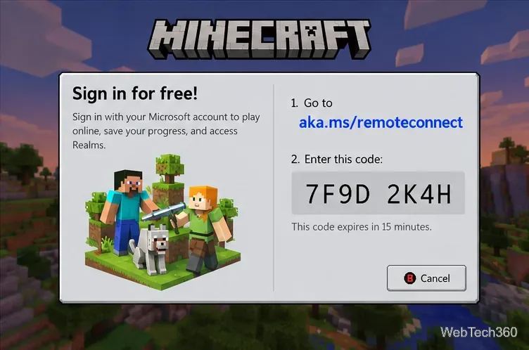 Экран удаленного входа в учетную запись Microsoft в Minecraft с примером кода устройства и адресом удаленного подключения aka.ms.