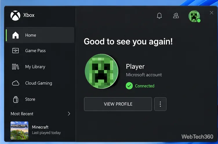 В профиле приложения Xbox отображается подключенная учетная запись Microsoft.