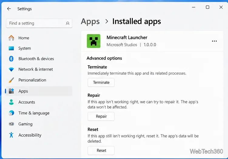 На экране установленных приложений Windows 11 отображаются элементы управления восстановлением и сбросом для приложения.