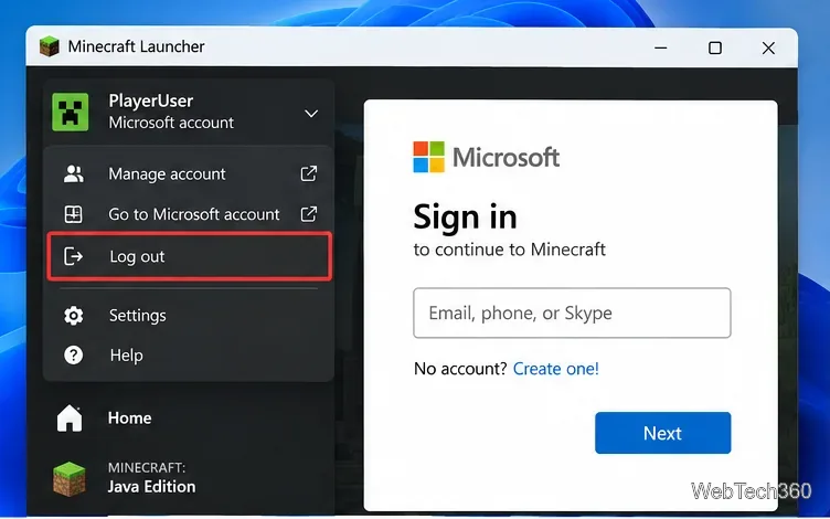 Меню учетной записи Minecraft Launcher с элементами управления выходом из системы и входом через Microsoft.