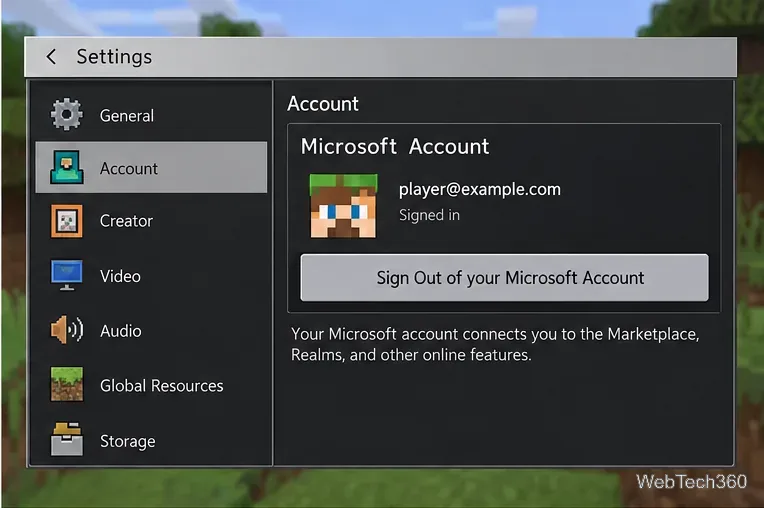 Impostazioni dell'account Minecraft con il pulsante Esci dal tuo account Microsoft