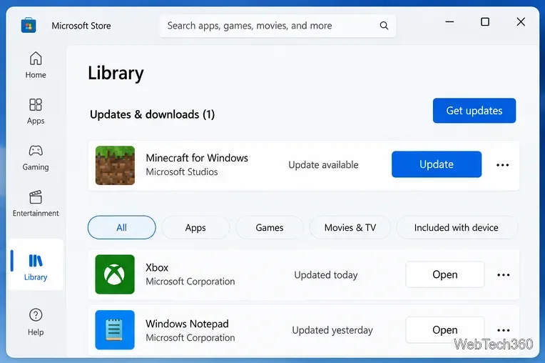 La libreria del Microsoft Store mostra Minecraft per Windows con un aggiornamento disponibile