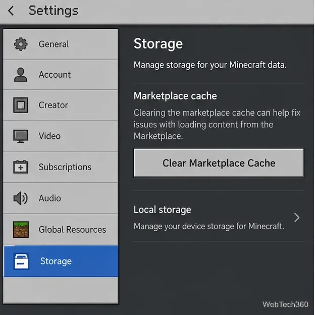 Impostazioni di archiviazione di Minecraft Bedrock con pulsante Cancella cache del Marketplace