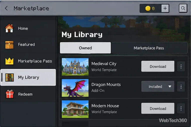 Minecraft Marketplace La mia libreria mostra i contenuti posseduti e quelli del Pass Marketplace