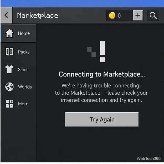 Schermata di connessione di Minecraft Marketplace che mostra un avviso di connessione e il pulsante "Riprova"