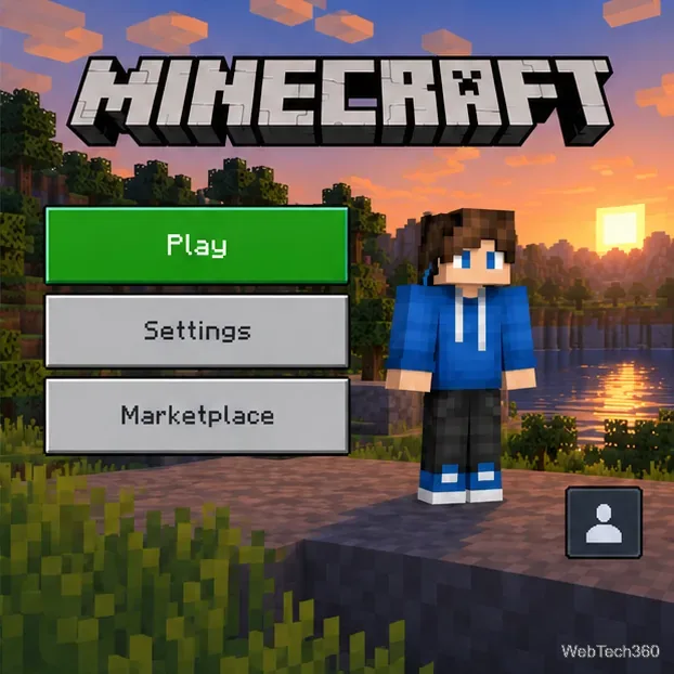 Minecraft Bedrock main menu with a profile icon in the lower-right corner beside a blocky character.