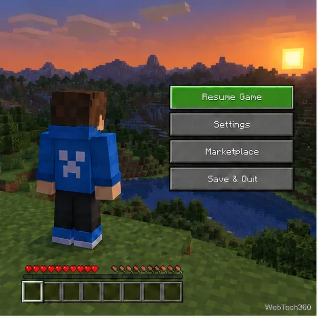 Minecraft single-player world pause menu with a blocky character visible in third person.